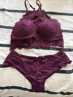 Lace Bralette & Bikini Set - Plum